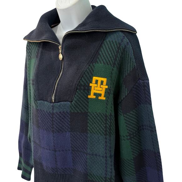 Tommy Hilfiger Blue Green Plaid Tartan Yellow Logo Quarter Zip Sweater size L - Picture 11 of 13